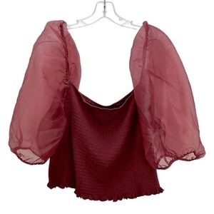 Forever‎ 21 Plus Burgundy Smocked Knit Top Sheer Puff Short Sleeves 3X